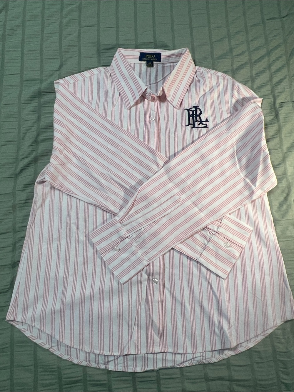 Polo by Ralph Lauren Women’s White Shirt with Pink Stripes & Navy Logo